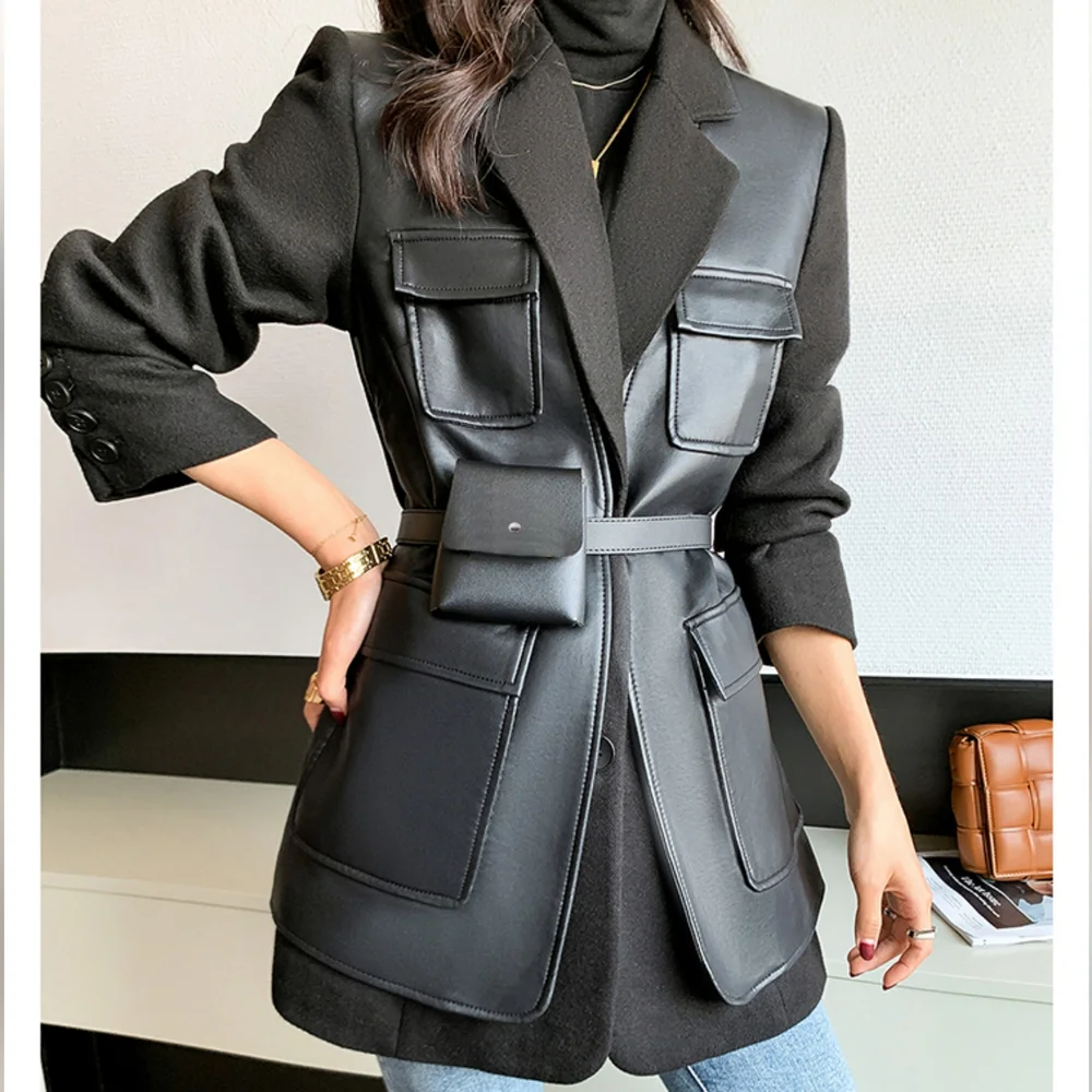 Autumn Black Patchwork Leather Jacket Women with Many Pockets Long Sleeve - Picture 5 of 10